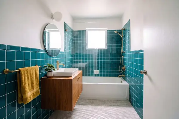 Salle de bain rénovée au carrelage bleu canard