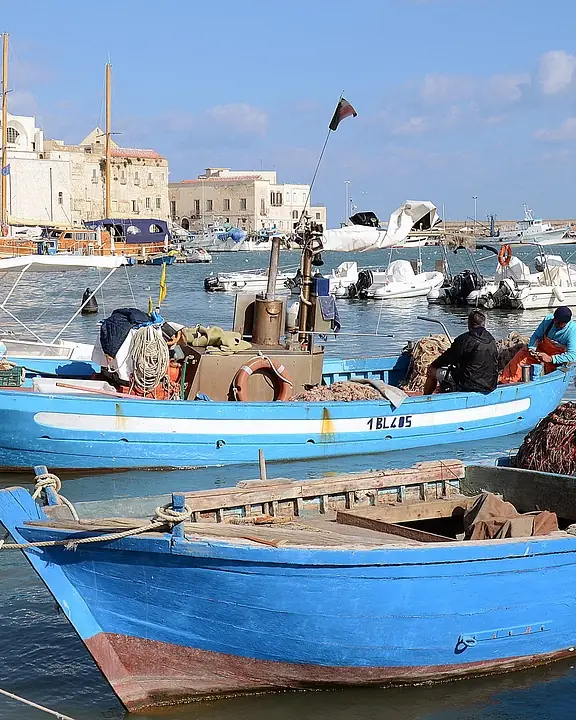 Barques de pêche bleues amarrées au quai, filets posés sur le pont