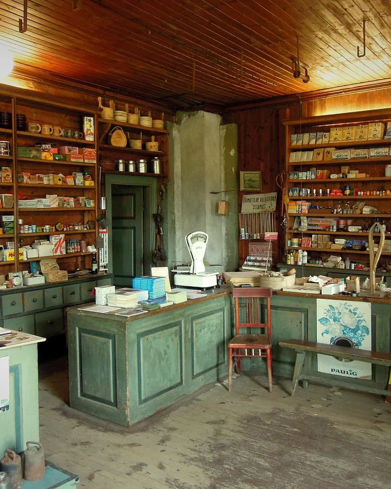 L'intérieur d'une vieille épicerie : comptoir de bois peint, étagères pleines jusqu'au plafond